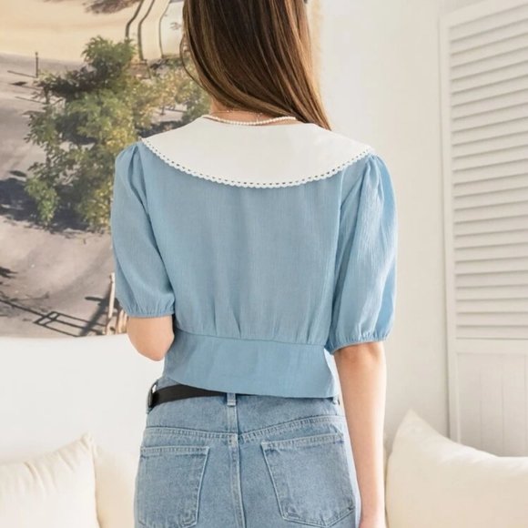 contrast collar puff sleeve blouse - Picture 5 of 7